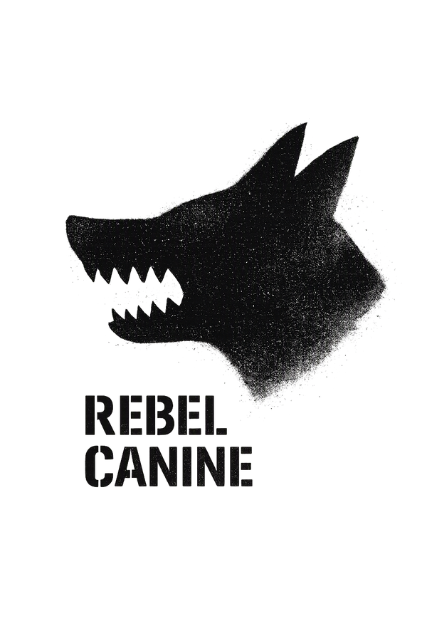 Rebel Canine — the mark in grunge-distressed stencil with 'REBEL CANINE' block underneath